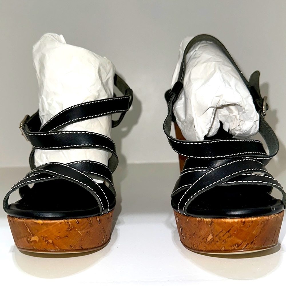 Michael Kors black leather and cork strappy wedge sandals